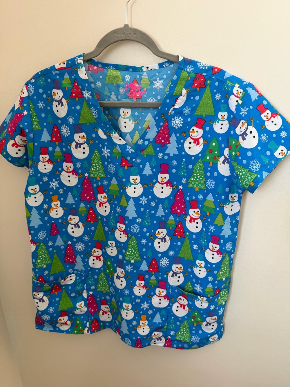 Women’s Blue Snowman Print Scrub Top